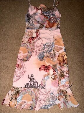 Pink and Peach Baroque Print Slip Dress
